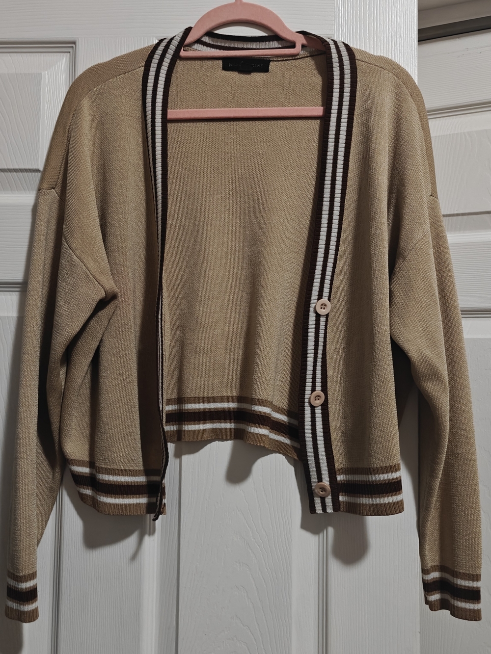 Women's Tan Button-Front Cardigan Sweater with Stripe Trim